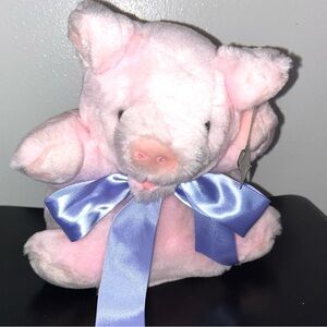 Vintage pink  Plush Pig hand puppet  with Blue Ribbon 9” tall VINTAGE 1997